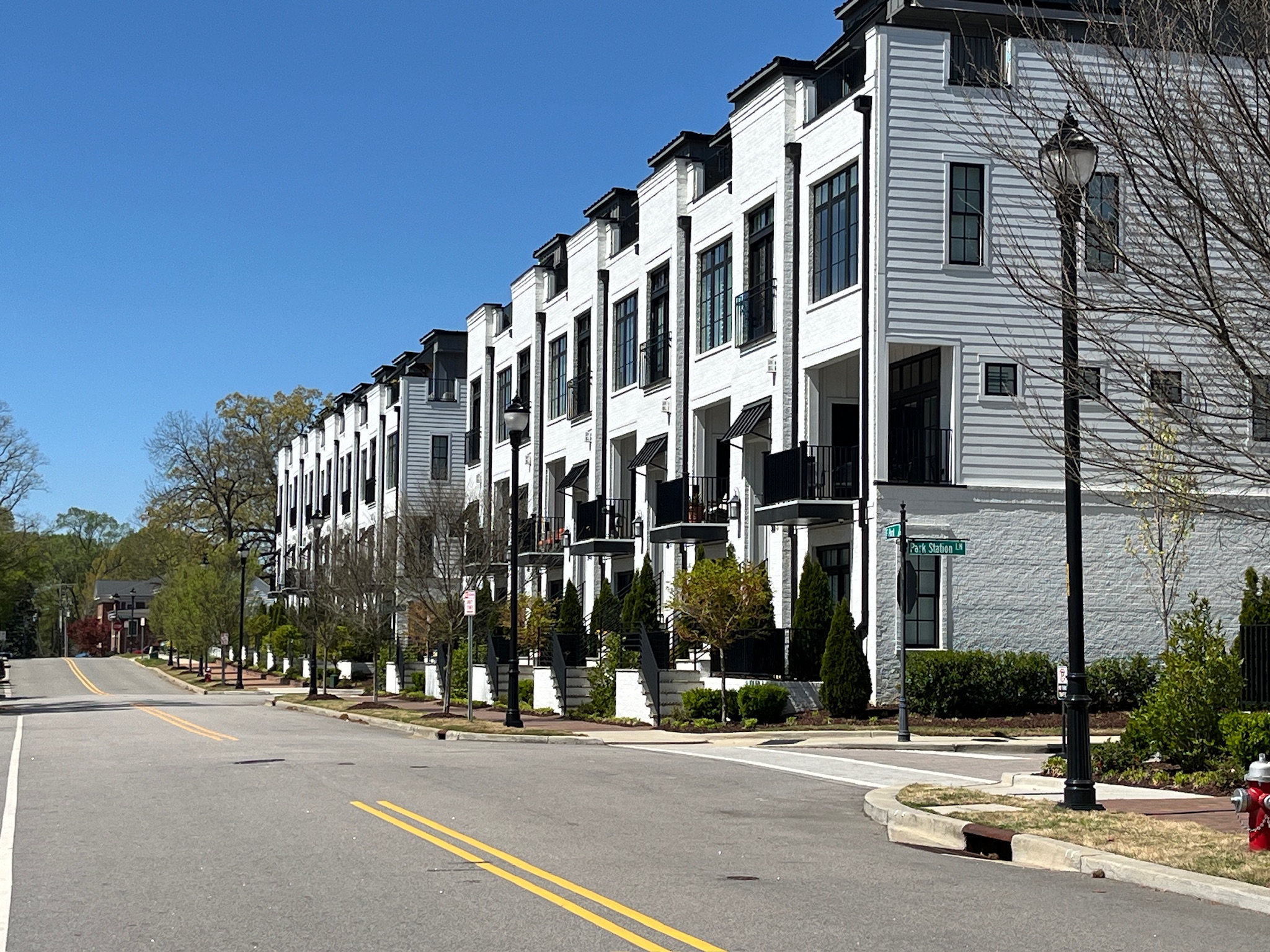 Modern townhomes along a street in downtown Cary, North Carolina